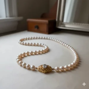 Full view of the long strand of the vintage 14k gold pearl necklace, showing the uniform size and quality of the pearls.