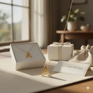 A luxury gift box and velvet pouch included with the purchase of a 14k gold initial necklace.