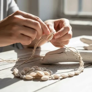 Hands carefully threading small shells to create a genuine, handmade white shell necklace, highlighting the crafting process.