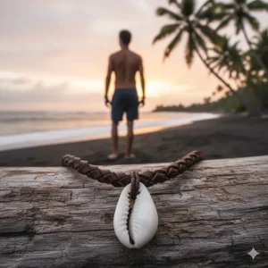 A thick leather cord necklace featuring a single, large cowrie shell pendant, suitable for men's bohemian style.