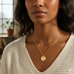 A female model wearing a 14k gold coin pendant necklace, showing how the yellow gold complements her skin tone.