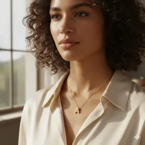 Close-up of a model wearing a dainty 14k gold initial necklace, perfect for layering or everyday wear.