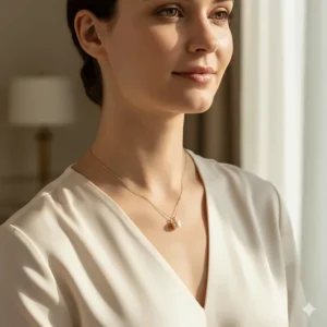 Professional photo of a model wearing a short, simple 14k gold pearl necklace that rests beautifully on the collarbone.