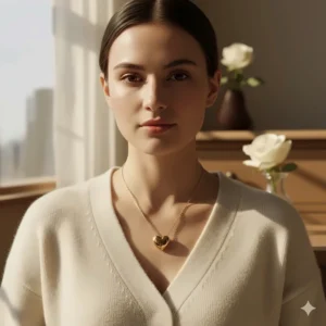 Model wearing the elegant 14k gold heart necklace to show scale and how it drapes.