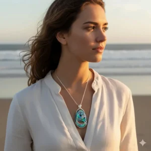 Model wearing a handcrafted abalone shell necklace, showing its size and drop length.