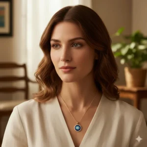 Model wearing the delicate 14k gold evil eye necklace, showing the perfect length and fit for daily wear.