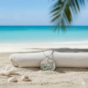 Elegant mother of pearl pendant necklace on a delicate silver chain, highlighting the iridescent shine of the shell.