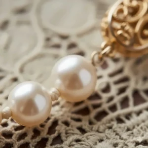 Extreme close-up of a single pearl from the necklace, focusing on its natural luster and surface quality.