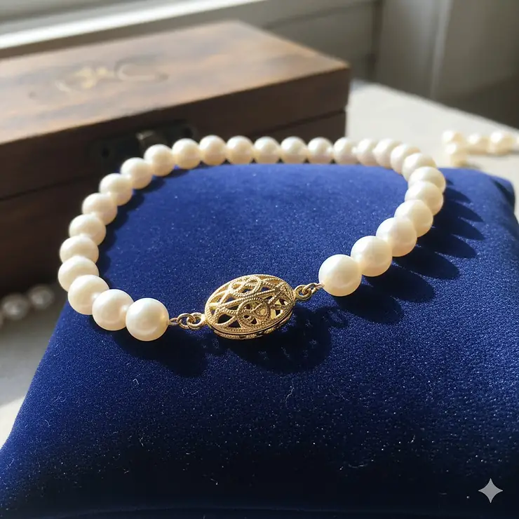 A classic cultured pearl necklace with a 14k gold clasp, showcased against a velvet background.