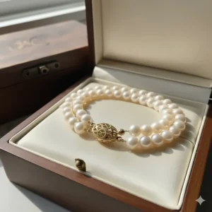 The stunning pearl necklace with 14k gold clasp packaged in a premium jewelry gift box.