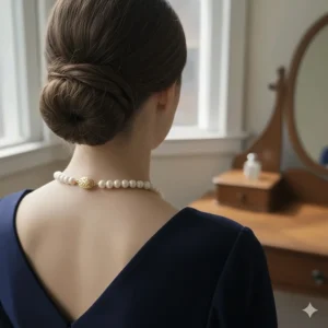 A model wearing the beautiful long pearl necklace highlighting how the 14k gold clasp sits at the nape of the neck.