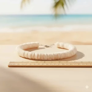 Puka shell necklace shown next to a ruler to illustrate the 18-inch standard size and fit.