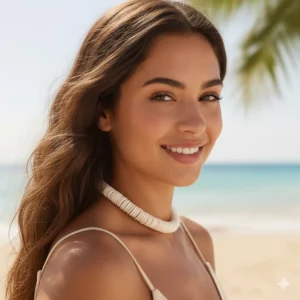 Young woman wearing a 16-inch authentic puka shell necklace as a choker for a summer outfit.