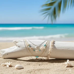 A set of three seashell layering necklaces of different lengths, including a dainty conch shell charm.