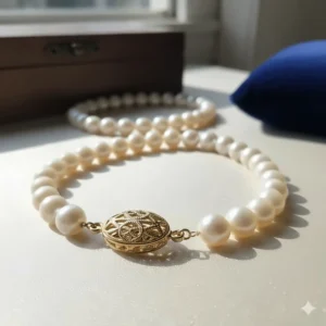 Single-strand freshwater pearl necklace draped elegantly, featuring the polished 14k gold clasp.