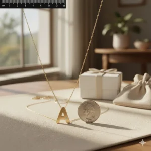A visual comparison showing the size of the 14k gold initial necklace next to a coin or ruler for scale.