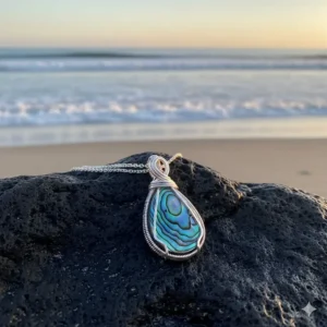 Teardrop-cut abalone shell necklace, a unique piece of ocean-inspired jewelry.