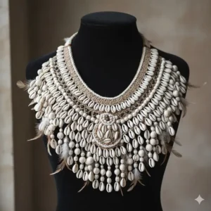 Large, statement-making tribal white shell necklace displayed on a black mannequin to show scale and detailed pattern.