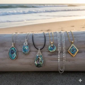 Collection of different abalone shell necklaces showcasing various shapes and colors.