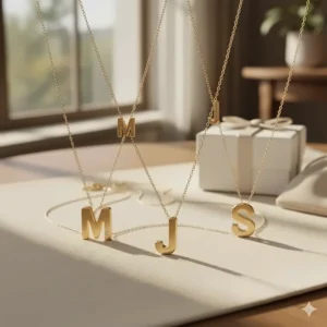 A flat lay showing a variety of 14k gold initial necklace pendants with letters M, J, and S.