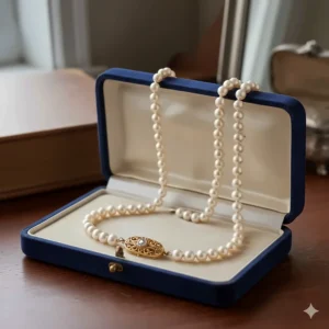 Vintage 14k gold pearl necklace presented inside an antique velvet jewelry box, perfect for gifting.