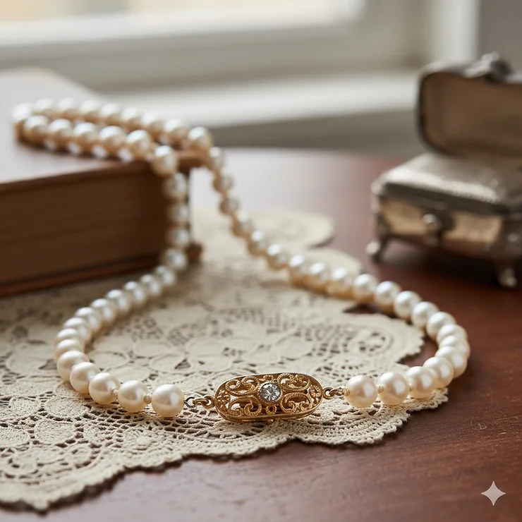 A striking close-up photograph showcasing a beautiful vintage 14k gold pearl necklace with lustrous white pearls and an elegant filigree clasp.