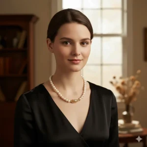 Stunning vintage pearl necklace made with 14k gold worn by a model against a soft, complementary background.