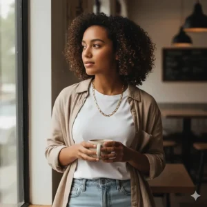 Model wearing the stylish 14k gold Figaro necklace as an everyday accessory with casual attire.