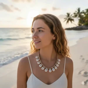 A woman wearing a simple, elegant cowrie shell necklace while standing on a sandy beach, capturing the tropical essence of the accessory.