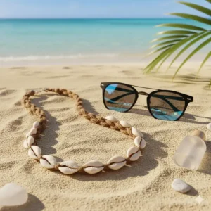 Lifestyle flat lay of a white shell necklace resting on sand next to sunglasses, capturing a tropical, vacation vibe.