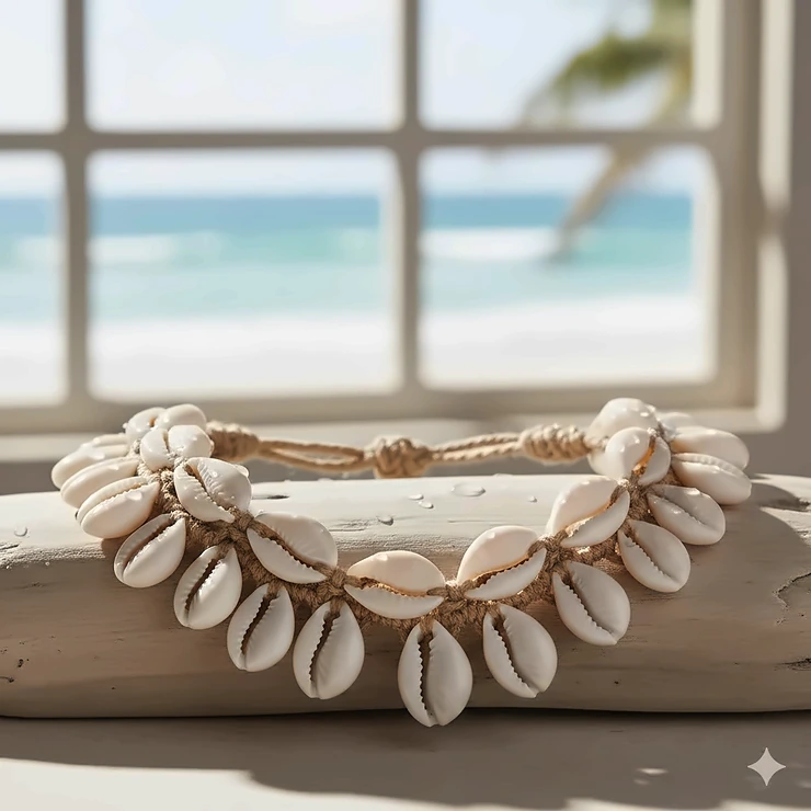 A stunning white shell necklace elegantly displayed, highlighting the natural luster and intricate craftsmanship of the piece.