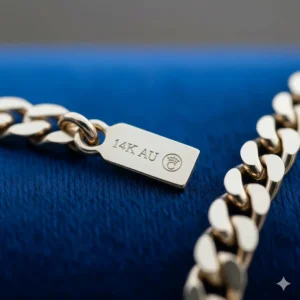 Detailed shot of the 14K or 18K gold hallmark stamp confirming the authenticity of the real gold on the Cuban link chain necklace.