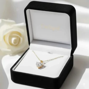 Beautiful black velvet gift box included with the purchase of the 14k gold diamond heart pendant necklace.