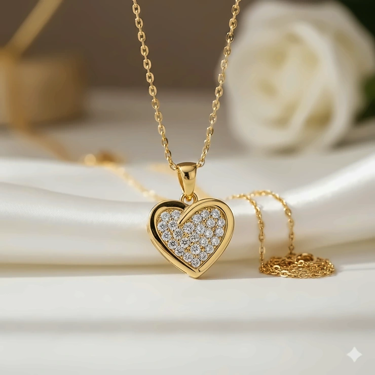 Stunning 14k yellow gold heart pendant necklace featuring pave-set brilliant-cut diamonds for an elegant, timeless look. 14k gold heart pendant necklace diamond