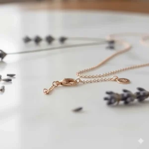 Close-up of the lobster clasp and chain extender on the bee necklace, showing the brand's small quality tag near the closure.