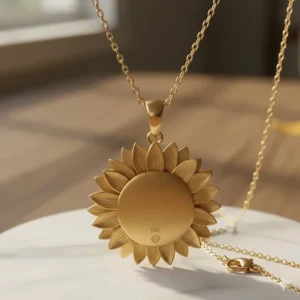 Clear shot of the back of the sunflower gold pendant, revealing the 14K hallmark stamped on the precious metal for authenticity.