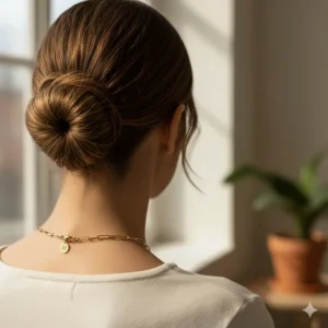 Back view on a model showing how the trendy gold paperclip necklace chain drapes elegantly around the neck.
