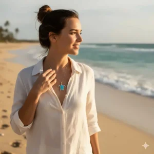 A woman wearing her favorite sea turtle necklace while walking on a sunny beach, celebrating coastal style.