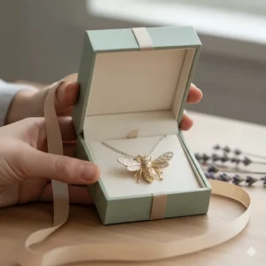 A beautiful bee necklace presented in a linen-lined, eco-friendly gift box with a ribbon, ready to be given as a special present.