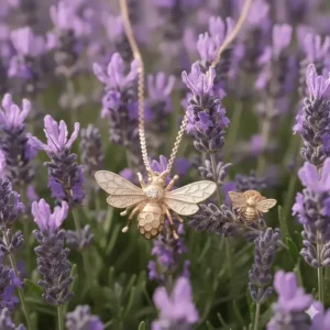 Artistic shot of the bee necklace placed next to a patch of purple lavender flowers, emphasizing the nature and pollinator theme.