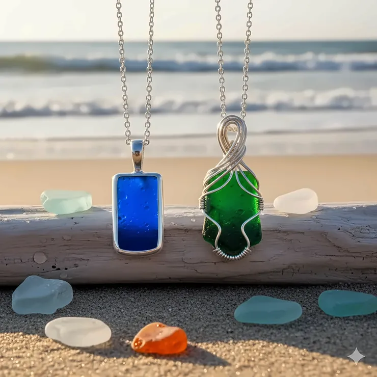 Comparison of different jewelry settings, including bezel and wire wrap, used to craft a sea glass necklace.