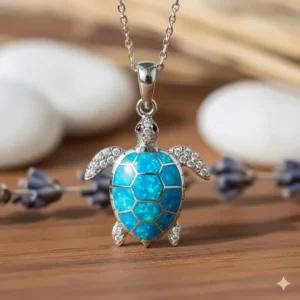 A vibrant blue opal sea turtle necklace that catches the light, highlighting the colorful iridescent shell.