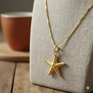 A trendy, budget-friendly gold-plated necklace starfish hanging from a delicate, shimmering chain, perfect for everyday wear.