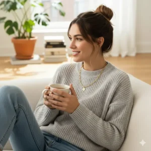 Lifestyle shot of a woman wearing the trendy gold paperclip chain necklace casually, paired with a cozy sweater and jeans.
