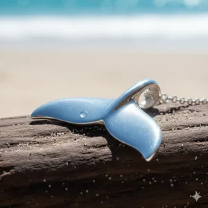 Extreme close-up of the delicate craftsmanship of the whale tail pendant, focusing on the texture and symmetrical curves of the fluke.