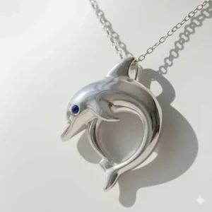 Extreme close-up showing the detailed etching and texture of the dolphin pendant on the dolphin necklace.