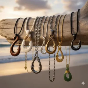 A group shot of several fish hook necklaces in various materials (wood, bone, silver) and chain styles, offering a wide selection.