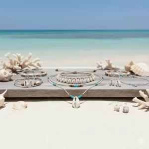 An aesthetic display of a full collection of ocean-themed jewelry, centered around a handmade cowrie shell necklace.