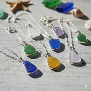 An array of sea glass necklaces showcasing unique colors like cobalt blue, emerald green, and white.