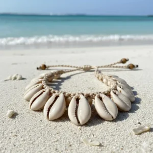 A stunning, high-resolution close-up photo of a handmade cowrie shell necklace styled beautifully on a white sand beach, featuring natural, polished shells.